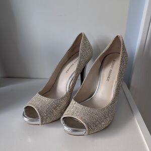 Audrey Brooke Gold and Silver Peep-Toe Heels